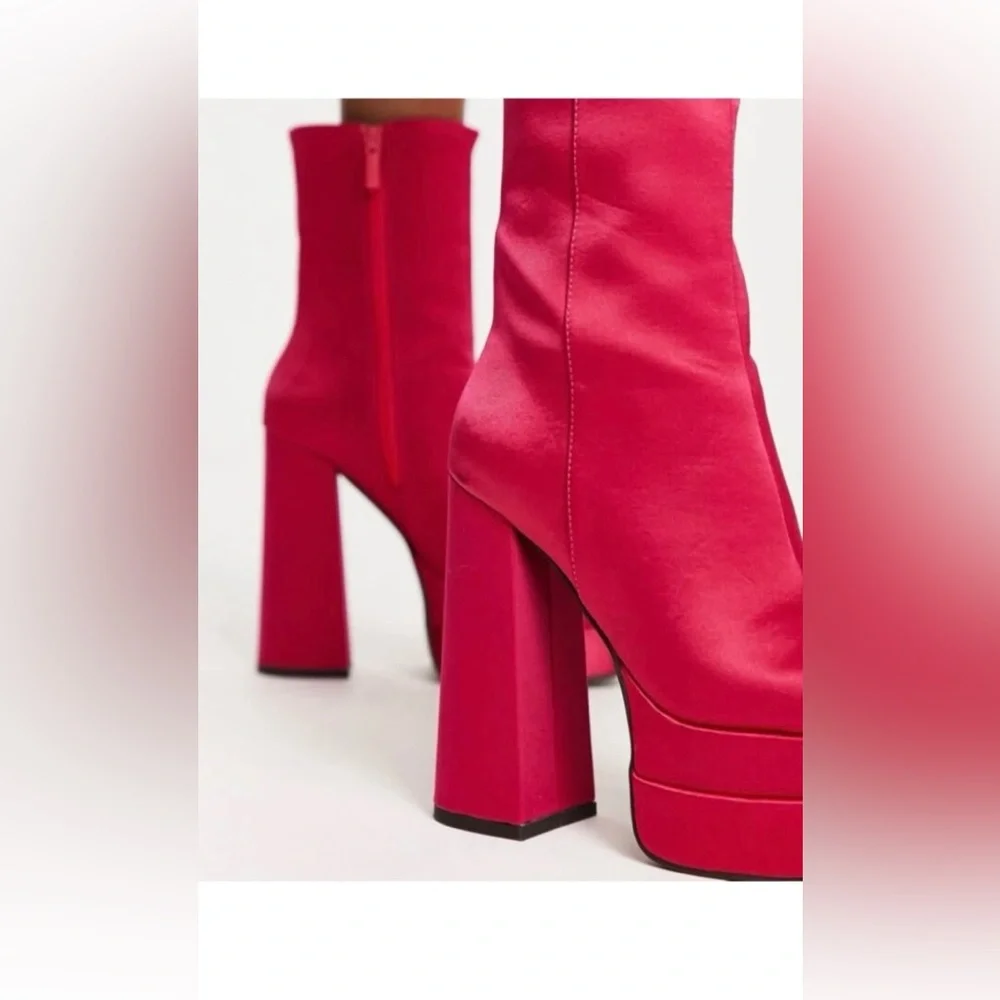 ASOS Fuchsia Satin Square Toe Hi Block Heel Platform Boots Sz 9 NWT